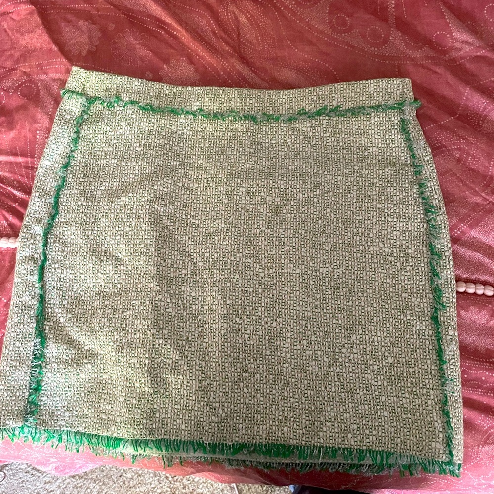 J. Crew Beige Tweed Mini Skirt with Green Fringe